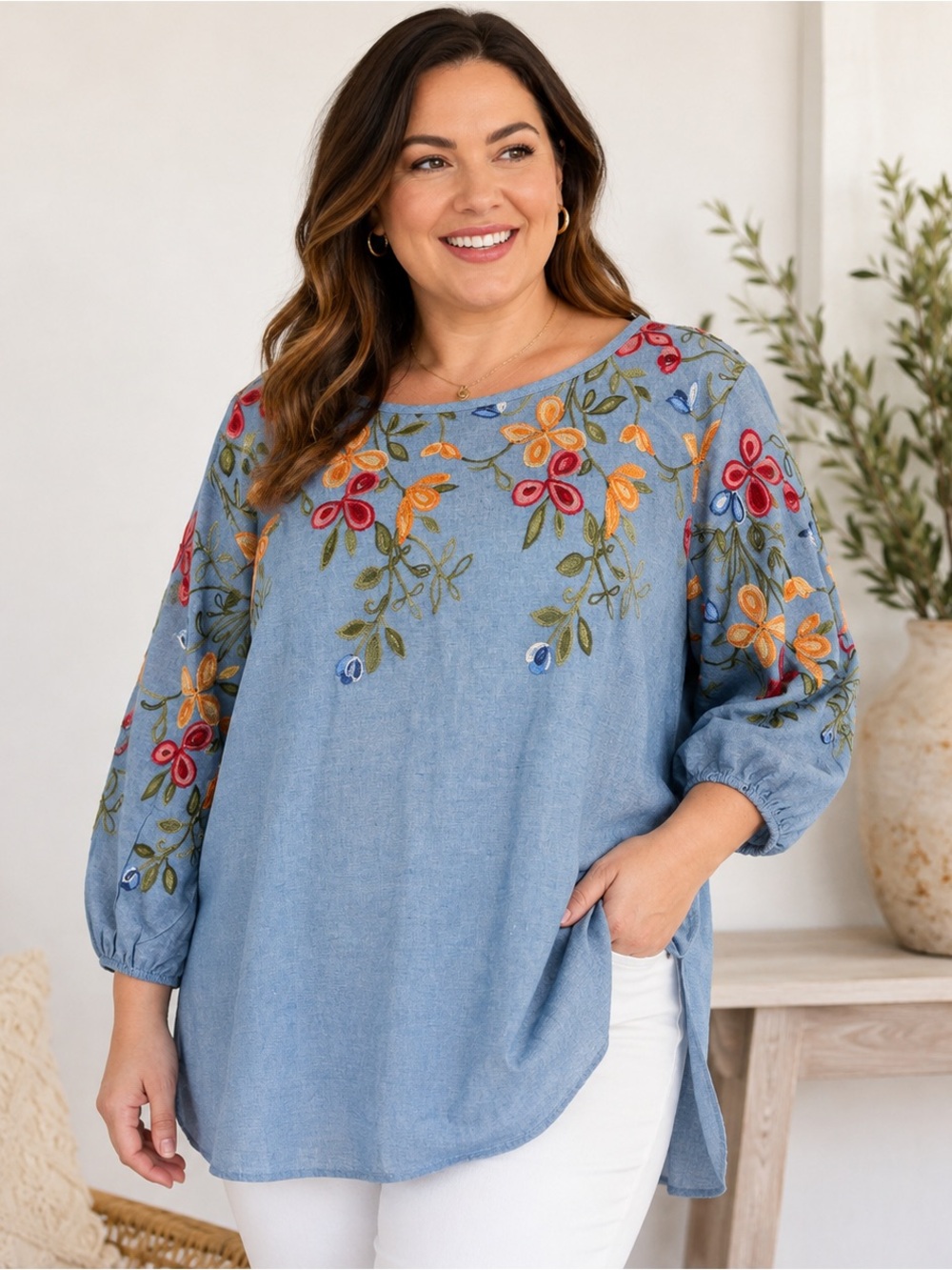Kindred 2X Blue Chambray Embroidered Floral Boho Tunic Top 3/4 Sleeve